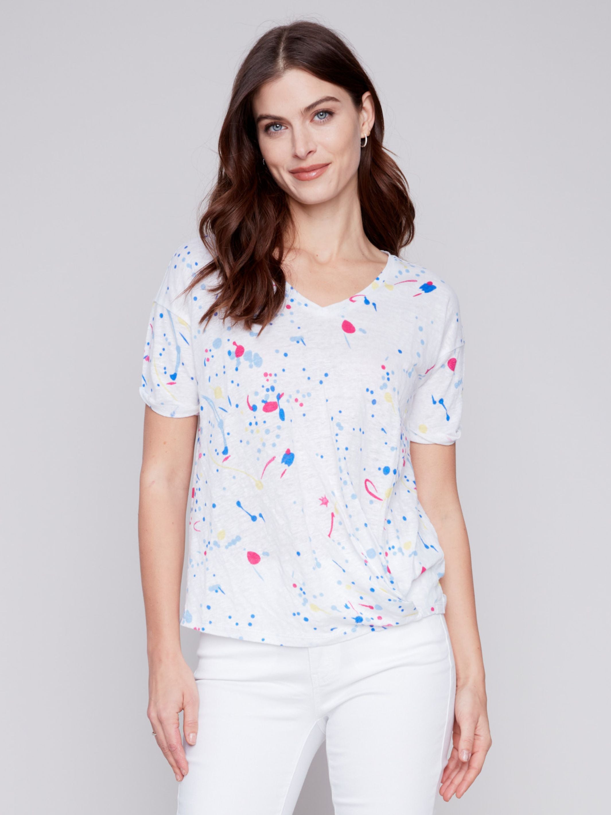 Printed Linen Top with Front Twist Knot - Splash