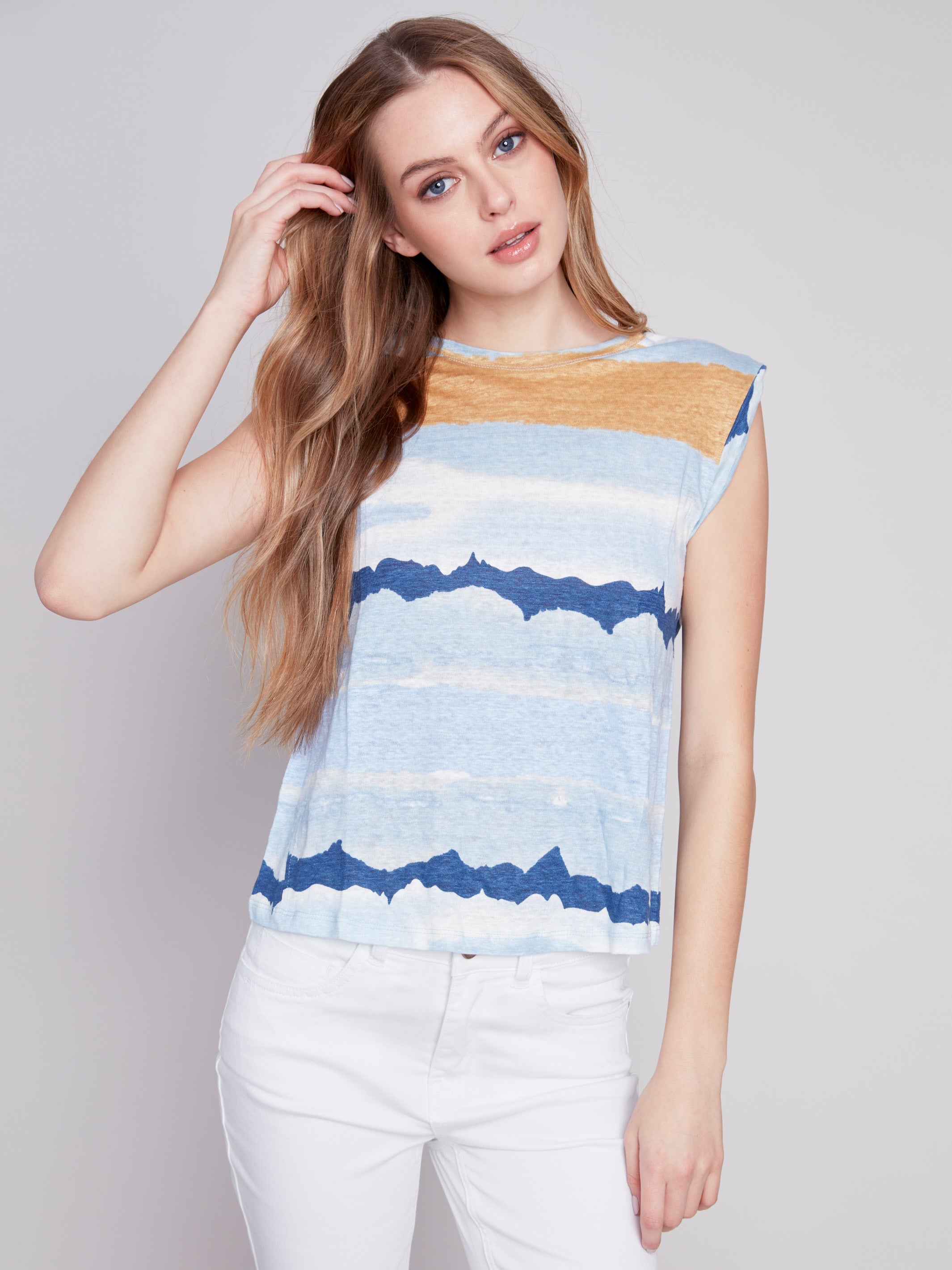 Printed Linen Tank Top with Sleeve Detail - Corn