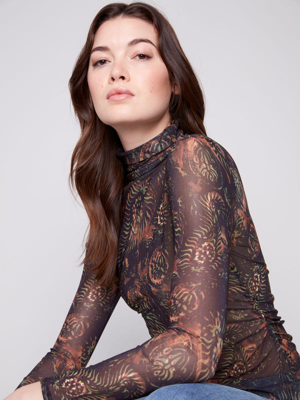 Spruce printed mesh long-sleeve top with a mock neck and side gatherings by Charlie B.