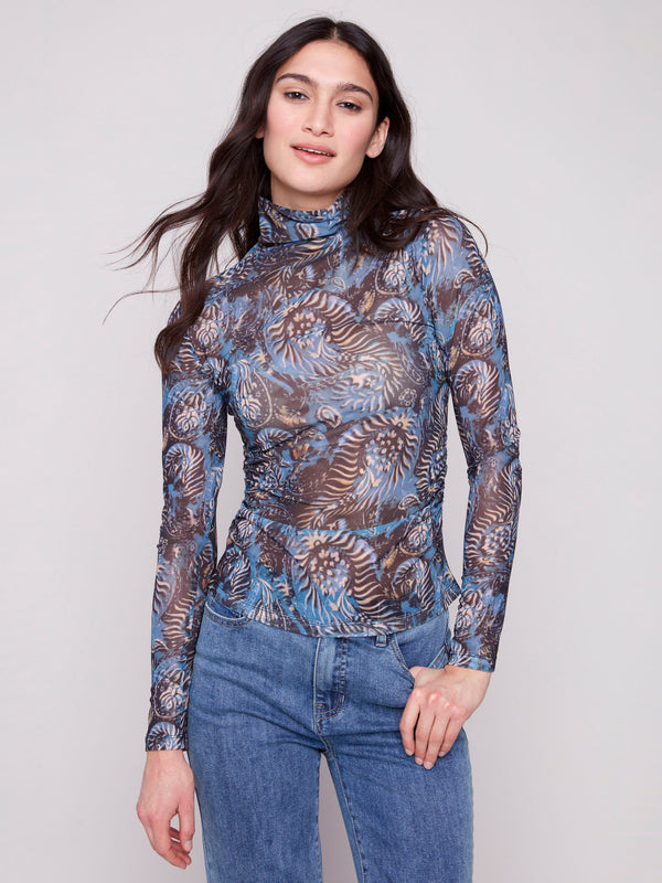 Midnight printed mesh long-sleeve top with a mock neck and side gatherings by Charlie B.