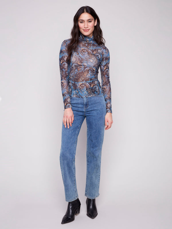 Midnight printed mesh long-sleeve top with a mock neck and side gatherings by Charlie B.
