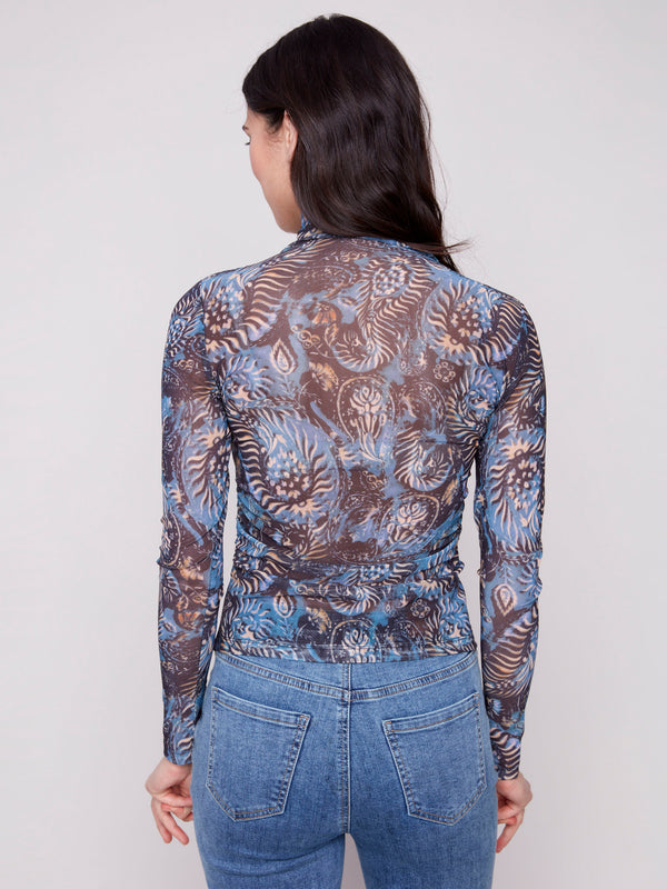 Midnight printed mesh long-sleeve top with a mock neck and side gatherings by Charlie B.