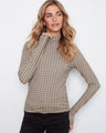 Slim fit long sleeve top in a coffee plaid pattern, featuring a mock neckline by Charlie B.