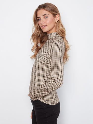 Long sleeve plaid top in coffee color offering a comfortable slim fit style by Charlie B.