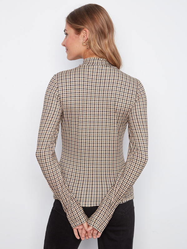 Plaid Print Mock Neck Top - Coffee