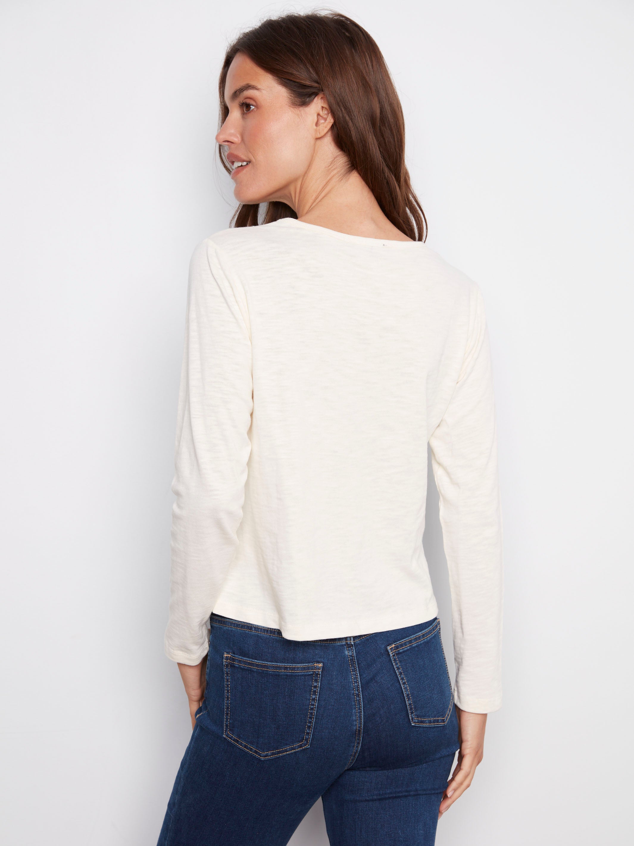 Elegant ecru jersey top made of 100% cotton, showcasing a refined crew neckline by Charlie B.