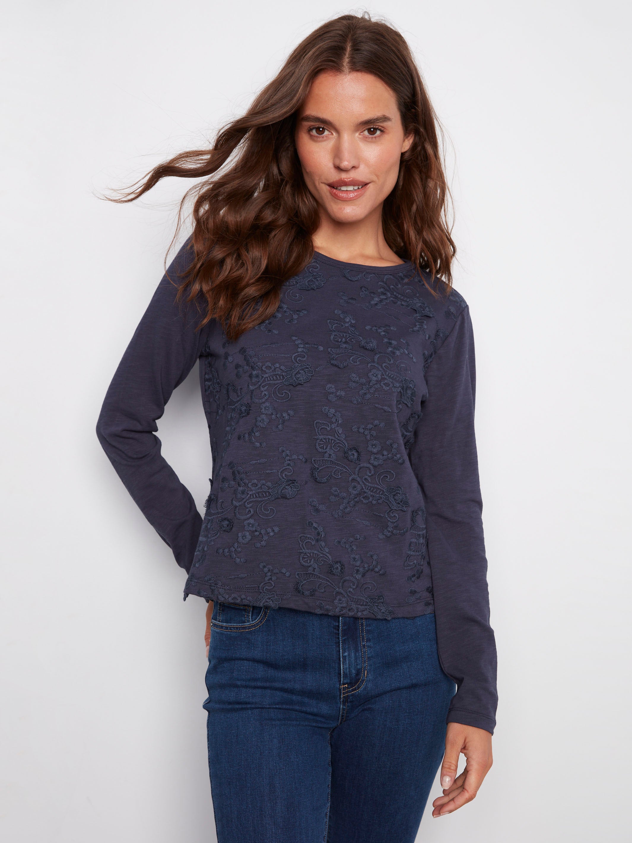 Moonlight jersey top crafted from 100% cotton, showcasing detailed embroidery for a refined look by Charlie B.