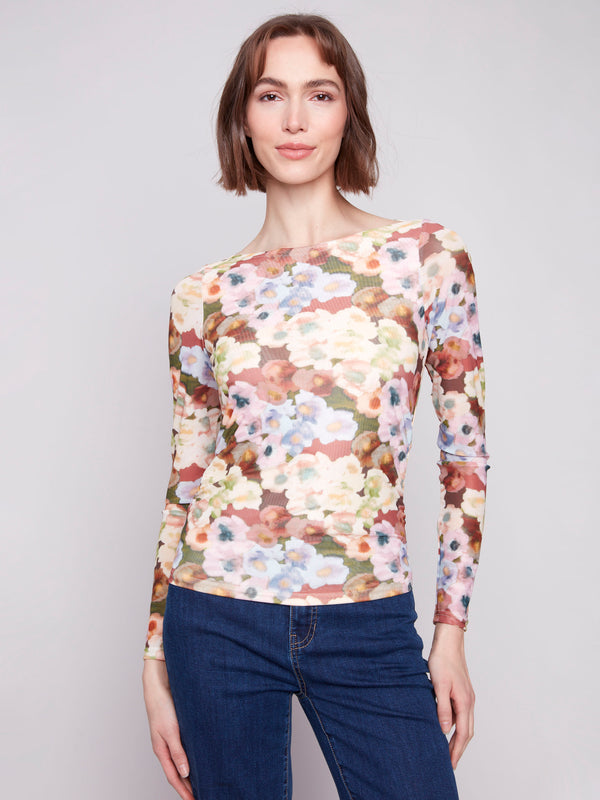 Floral mesh top with slim fit and lined front, perfect for a chic look by Charlie B.