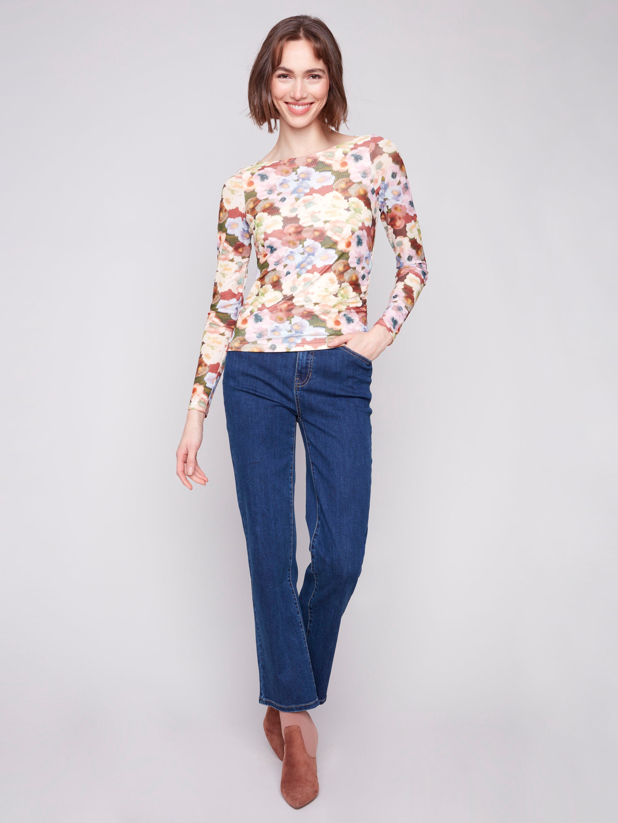 Chic mesh top with ruching at the sides, offering a flattering silhouette by Charlie B.