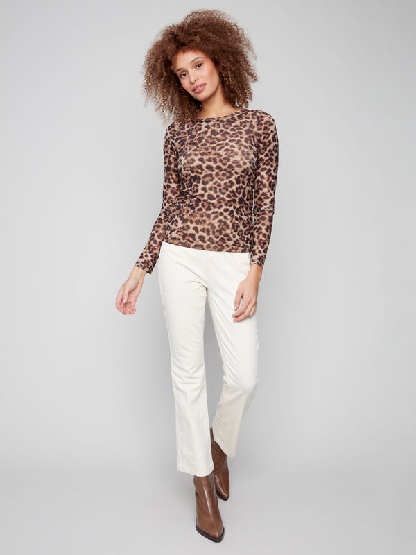 Leopard printed mesh top showcasing lined front and back for added elegance by Charlie B.