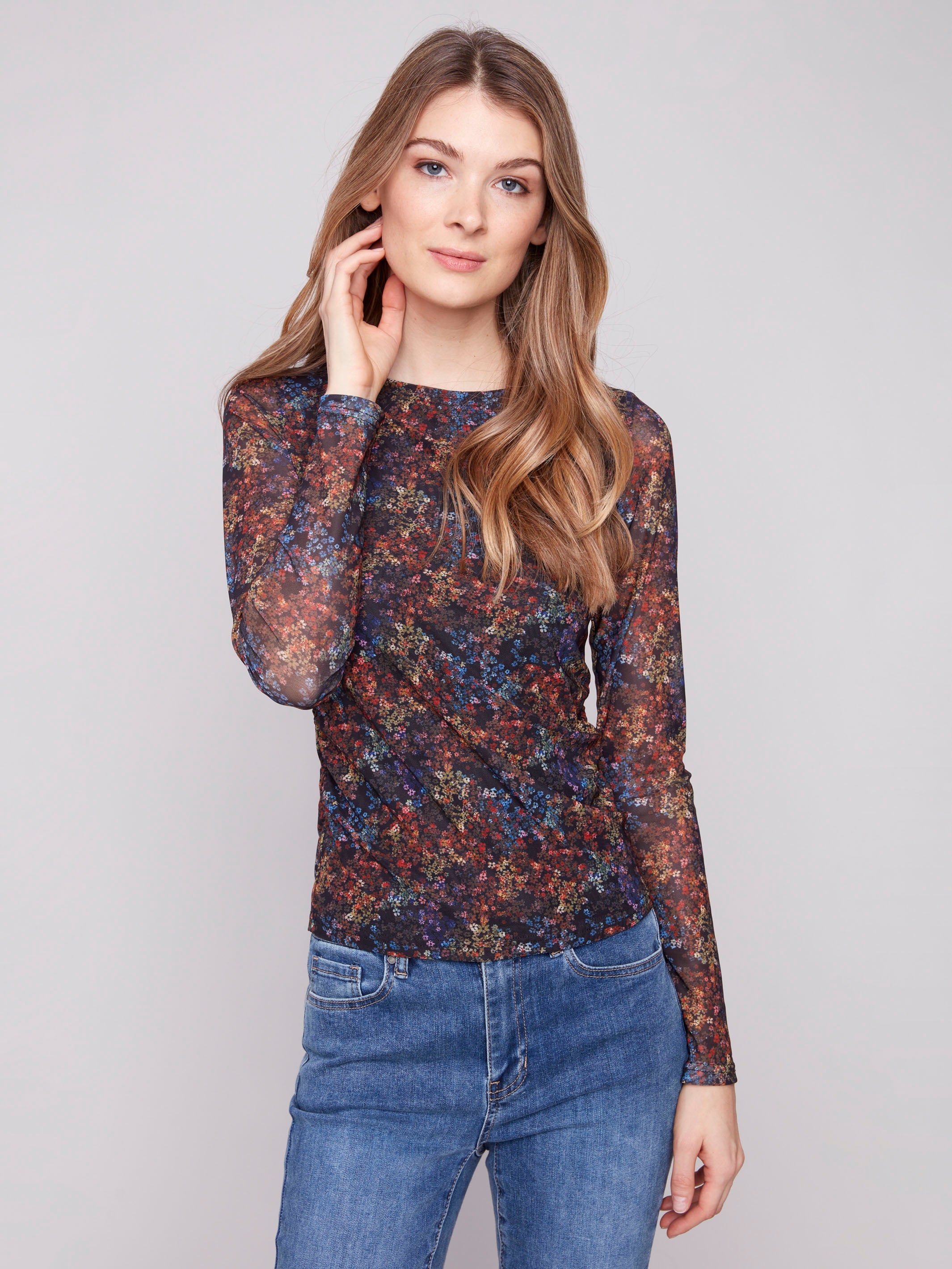 Floret printed mesh top featuring a slim fit and lined front and back, perfect for a chic look by Charlie B.