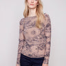 Astrology printed mesh top with slim fit, featuring a boat neckline and long sleeves for a chic look by Charlie B.