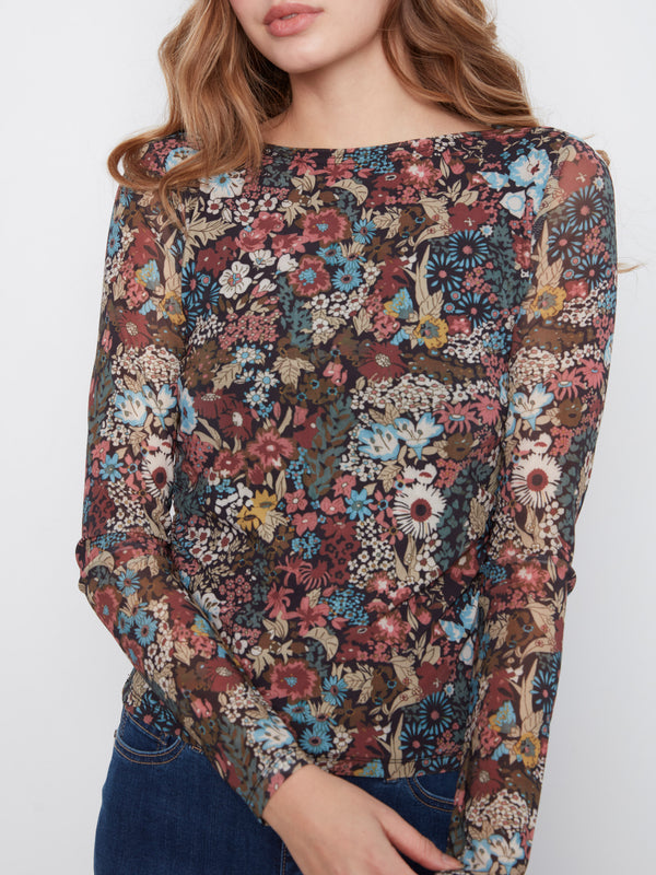 Printed Mesh Boat Neck Top - Azalea