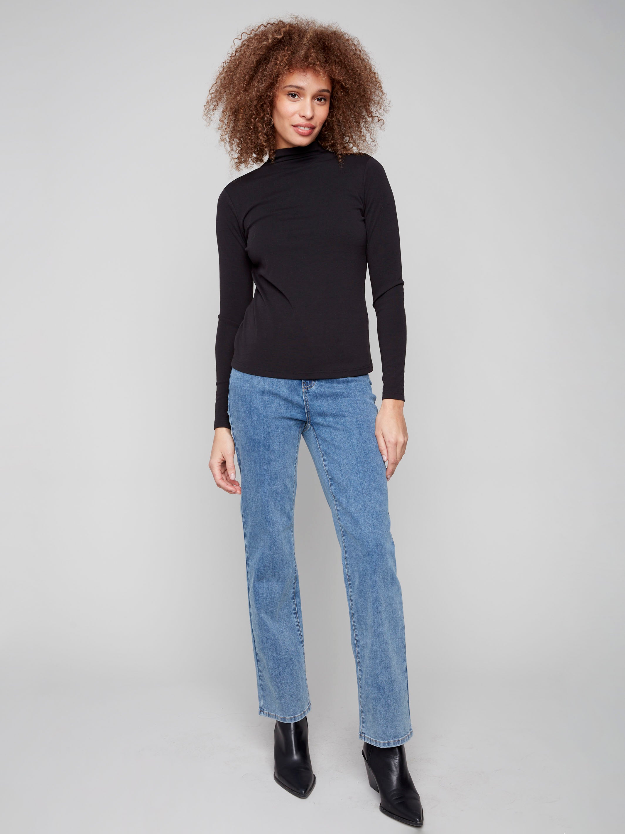 Elegant black mock neck top with long sleeves, ideal for any occasion by Charlie B.