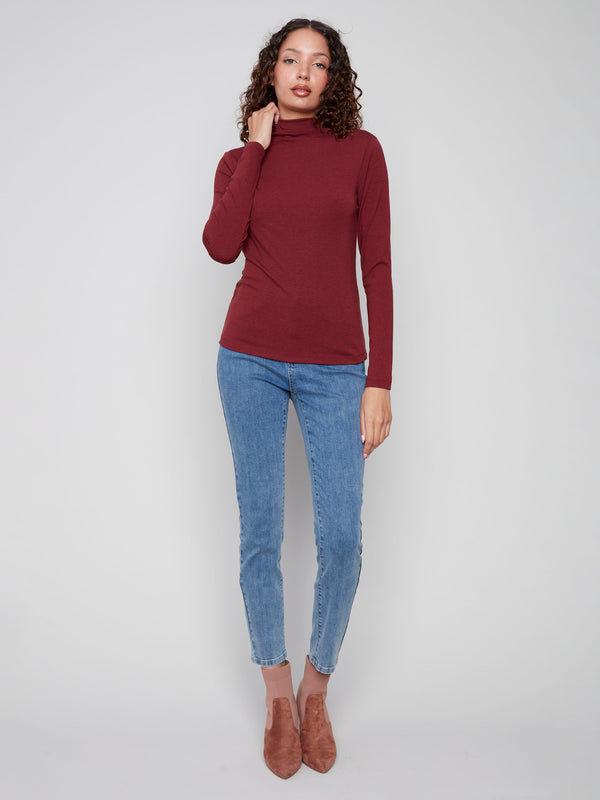Elegant mock neck style in a rich cabernet color adds sophistication to any outfit by Charlie B.