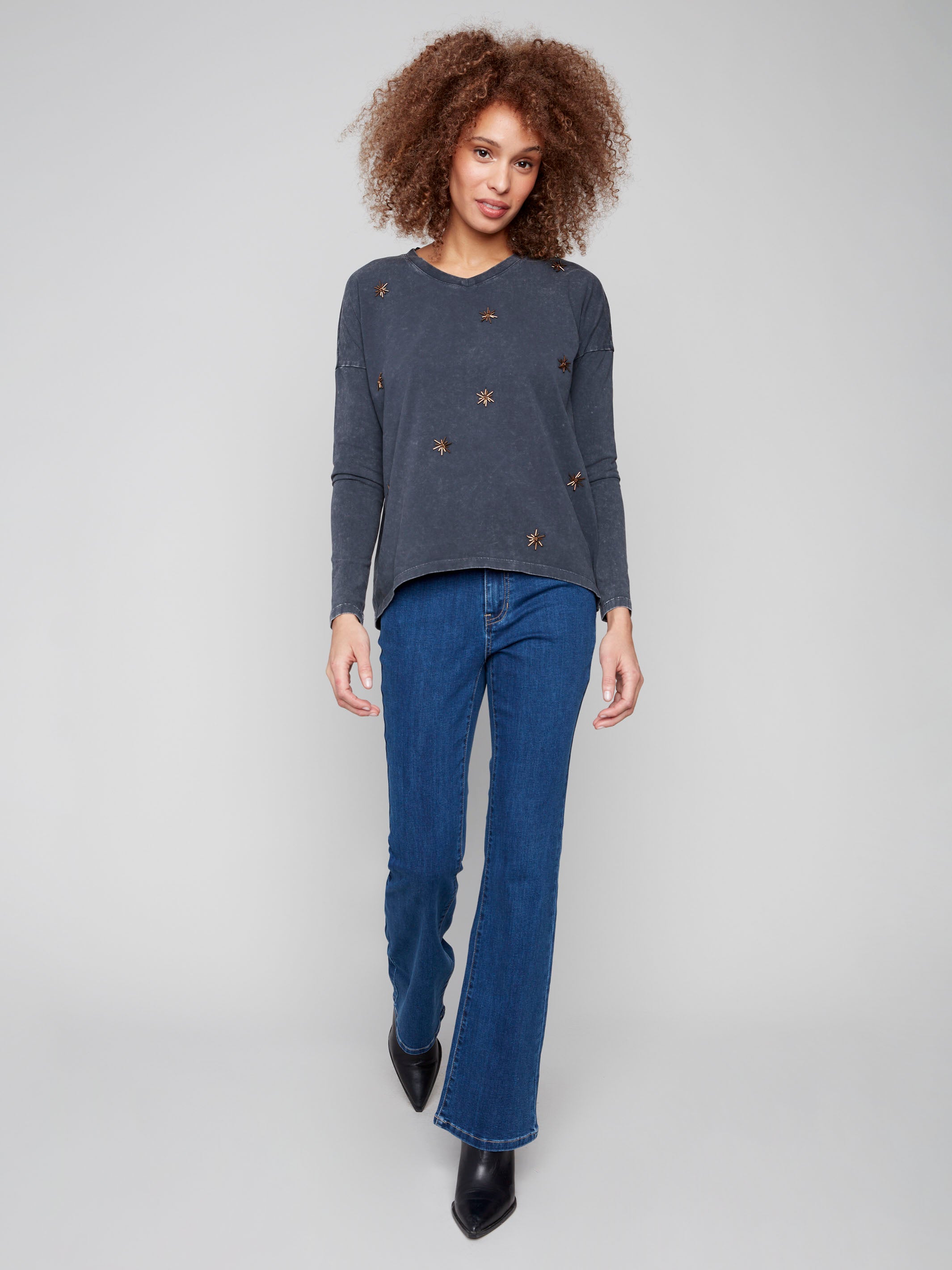 Relaxed fit charcoal top with vintage wash and delicate beading, perfect for casual comfort by Charlie B.