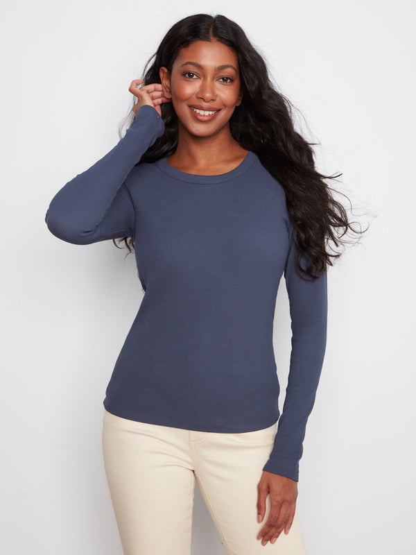 Cotton Blend Ribbed Long Sleeve Top - Midnight