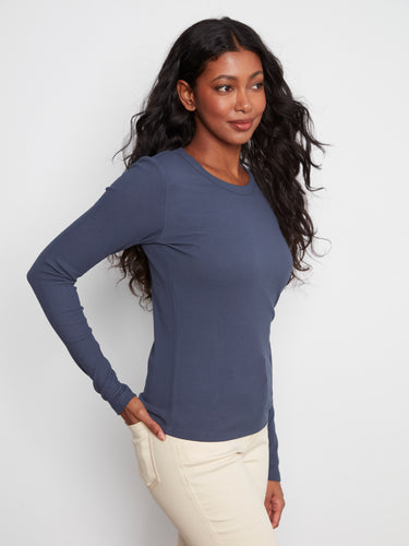 Slim fit ribbed top in midnight blue, showcasing the crew neckline and comfortable stretch fabric by Charlie B.