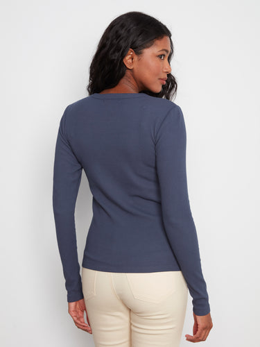 Cotton-tencel blend ribbed top in midnight blue with long sleeves for versatile styling by Charlie B.