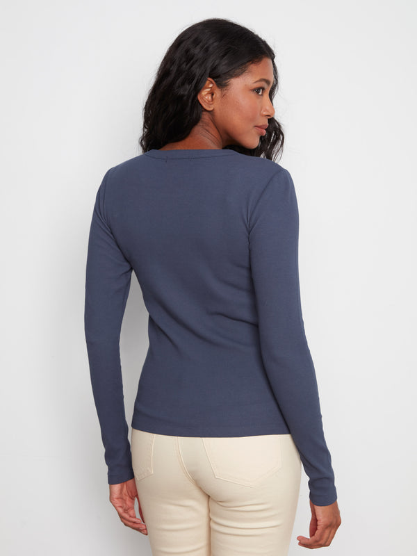 Cotton Blend Ribbed Long Sleeve Top - Midnight