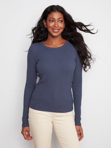 Elegant slim fit and crew neckline define this ribbed midnight blue top, perfect for layering by Charlie B.