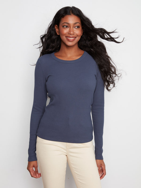 Cotton Blend Ribbed Long Sleeve Top - Midnight