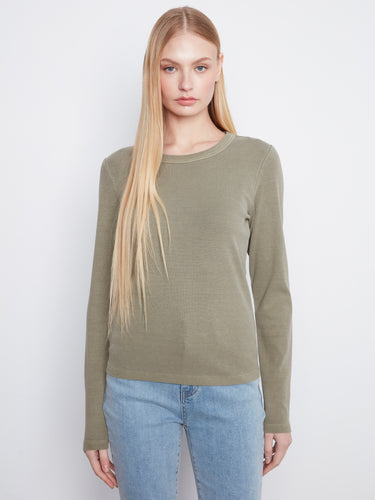 Olive green top featuring a classic crew neckline, perfect for any casual outing. Made by Charlie B.