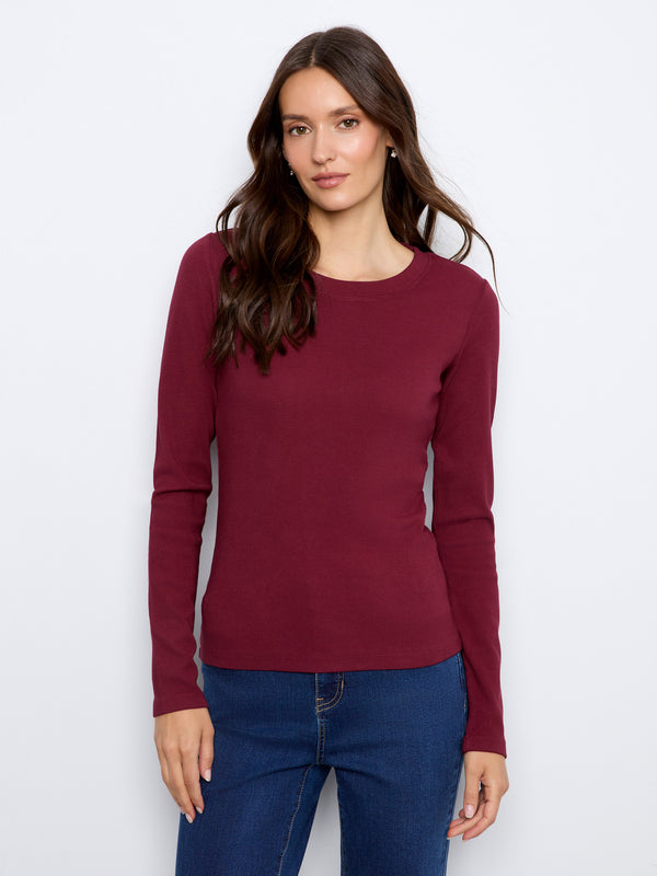 Cotton Blend Ribbed Long Sleeve Top - Merlot