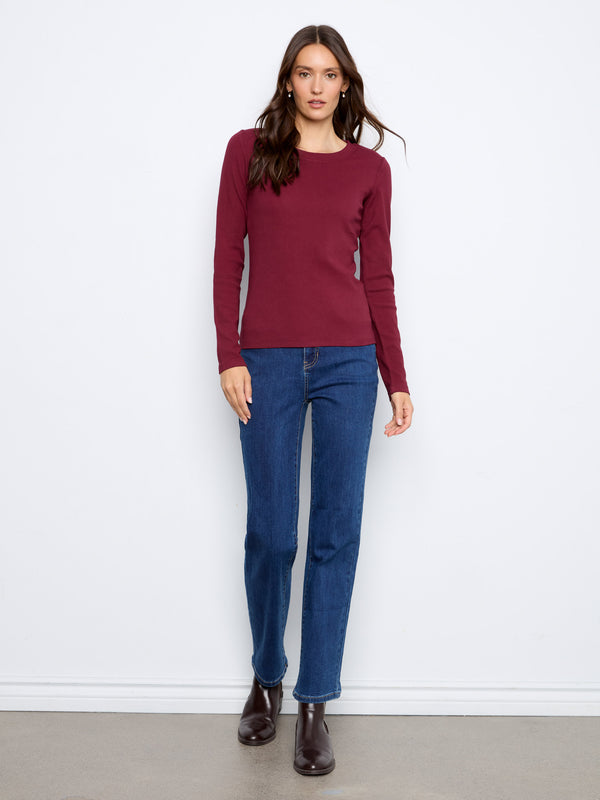 Cotton Blend Ribbed Long Sleeve Top - Merlot