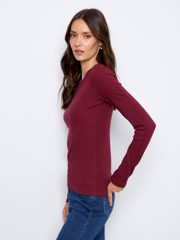 Cotton Blend Ribbed Long Sleeve Top - Merlot