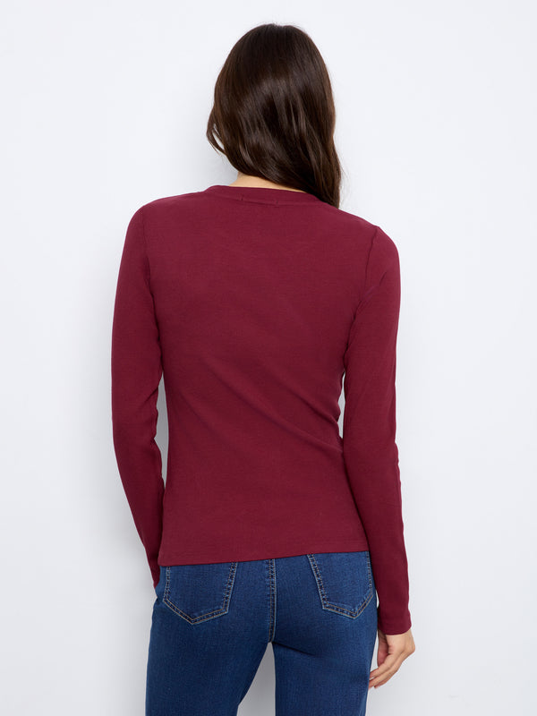 Cotton Blend Ribbed Long Sleeve Top - Merlot