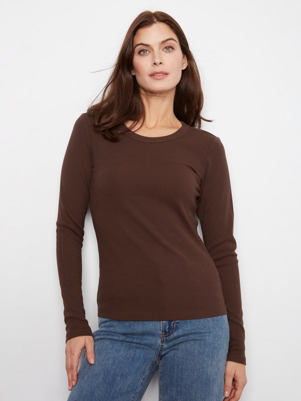 Cotton Blend Ribbed Long Sleeve Top - Coffee