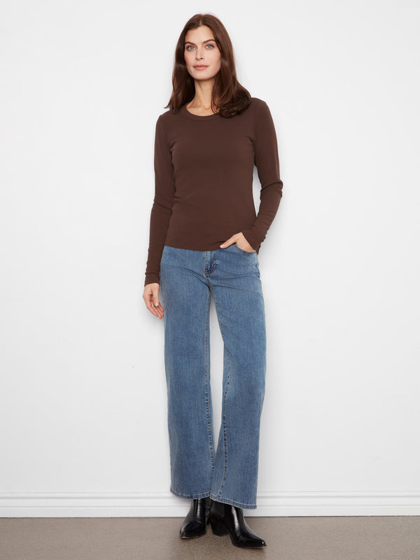 Cotton Blend Ribbed Long Sleeve Top - Coffee