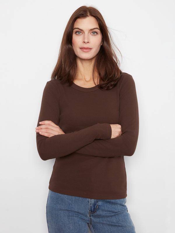 Cotton Blend Ribbed Long Sleeve Top - Coffee