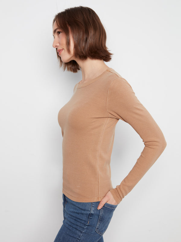 Cotton Blend Ribbed Long Sleeve Top - Truffle