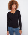 Black ribbed long sleeve V-neck top, featuring a flattering slim fit for a chic look, by Charlie B.