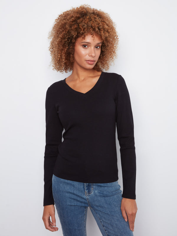 Cotton Blend Ribbed Long Sleeve V-Neck Top - Black