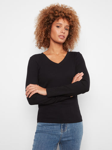 Elegant black ribbed V-neck top with stretch cotton-tencel blend for comfort and style, by Charlie B.
