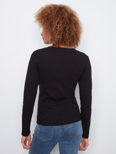Classic black V-neck top with long sleeves and a modern slim fit design, ideal for layering, by Charlie B.