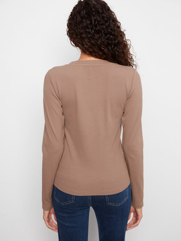 Cotton Blend Ribbed Long Sleeve V-Neck Top - Taupe