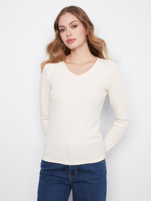 Cotton Blend Ribbed Long Sleeve V-Neck Top - Almond