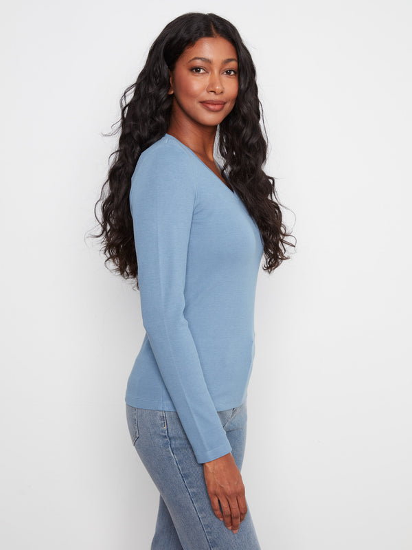 Cotton Blend Ribbed Long Sleeve V-Neck Top - Storm