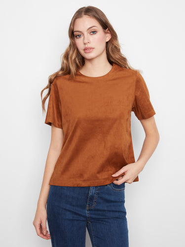 Soft suede top in a rich toffee hue with a classic crew neckline, ideal for layering or wearing alone by Charlie B.