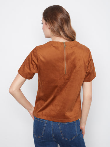 Back zipper detail on this faux suede top enhances its sleek and modern look in coffee color by Charlie B.