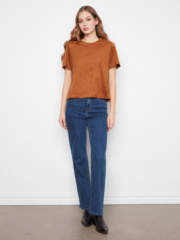 Faux Suede Short Sleeve Top - Toffee
