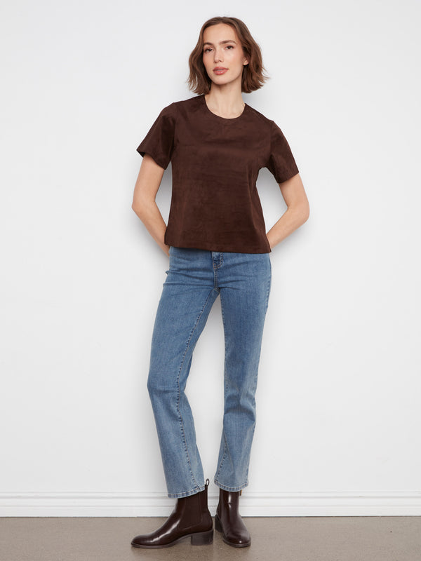 Faux Suede Short Sleeve Top - Coffee
