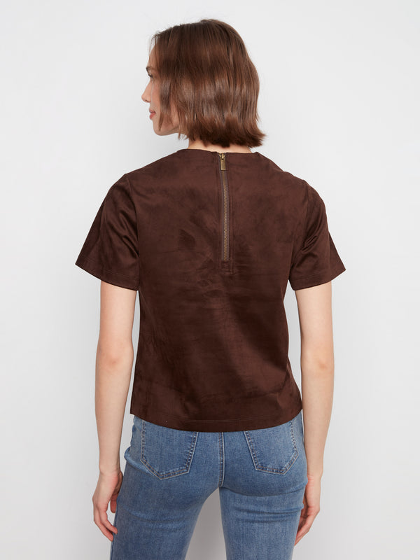 Faux Suede Short Sleeve Top - Coffee