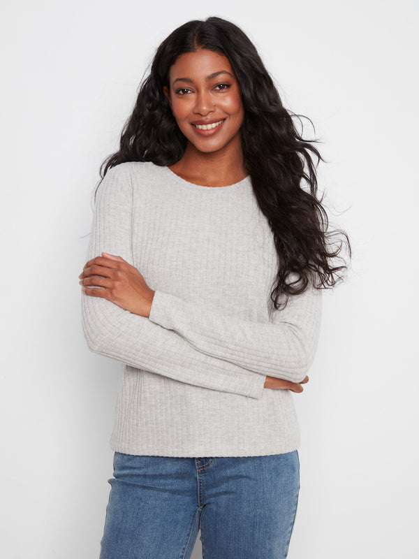 Brushed Ribbed Crew Neck Top - Heather Grey