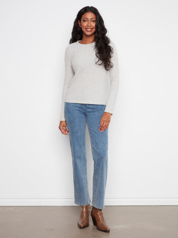 Brushed Ribbed Crew Neck Top - Heather Grey