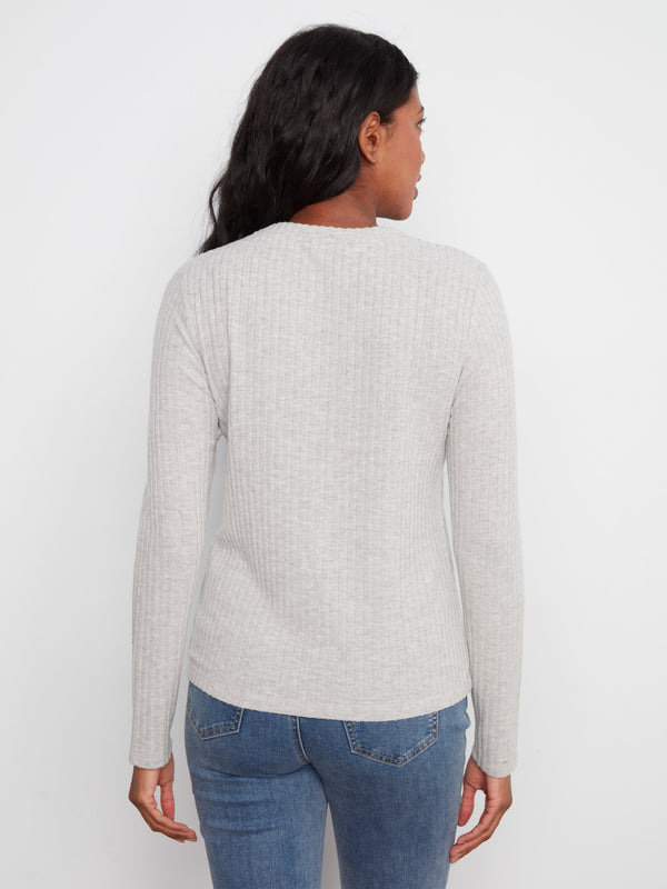Brushed Ribbed Crew Neck Top - Heather Grey